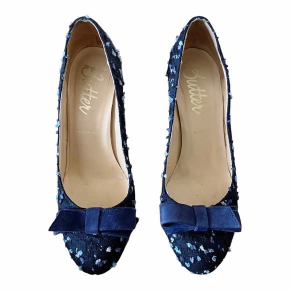 BUTTER Blue Fabric Leather Pumps Round Toe Swiss Dot Bow Stiletto Heels US 7 EUC - Picture 3 of 10